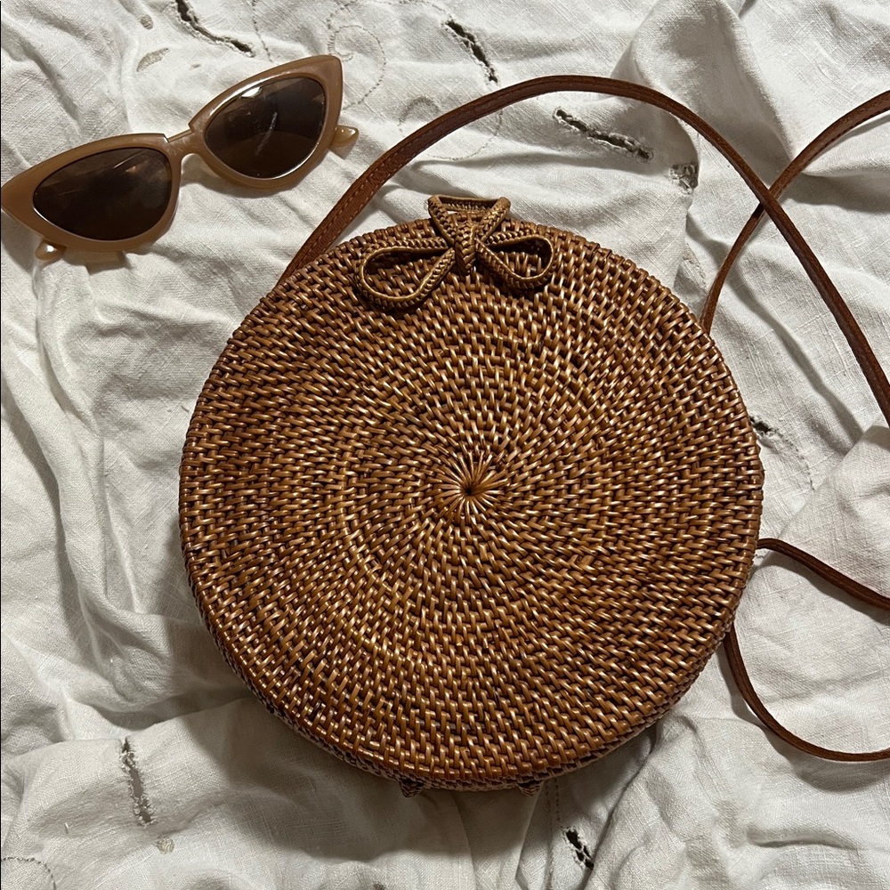 Brown Woven Round Crossbody Bag